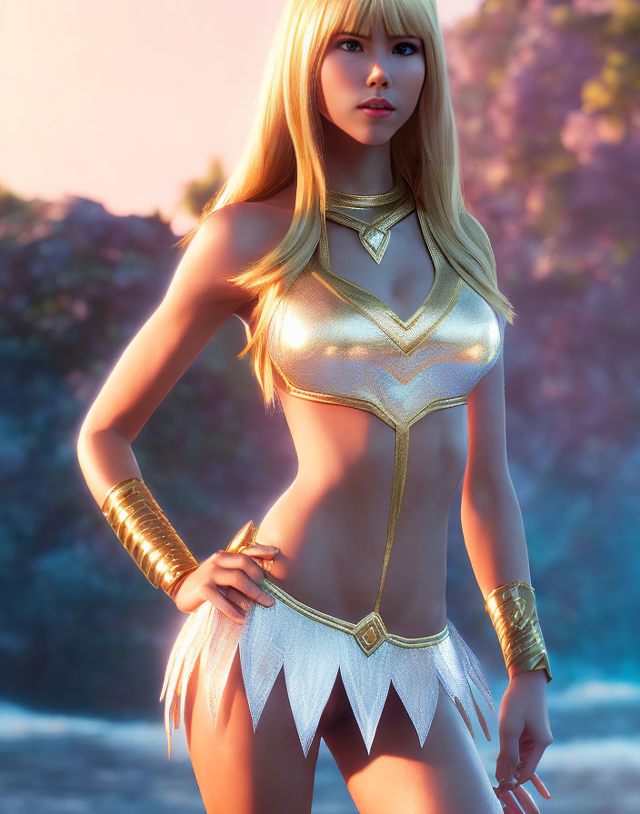 Blonde woman in golden fantasy outfit with serious expression against nature background