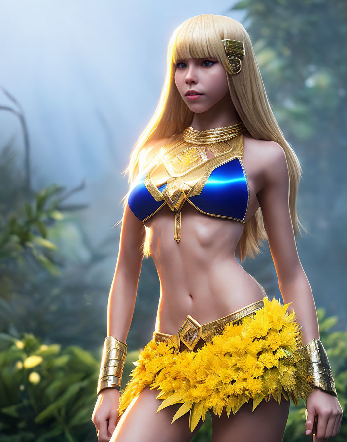 Blonde Woman in Blue and Gold Fantasy Costume in Misty Forest