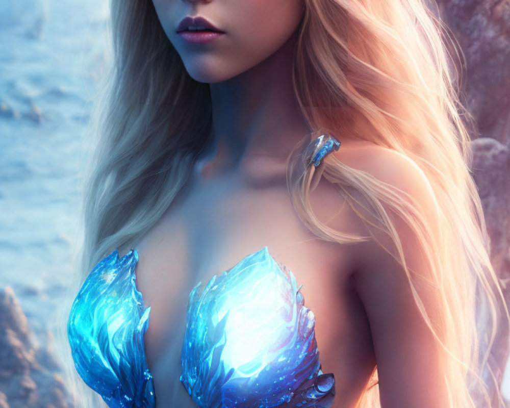 Fantasy-themed image: Woman with blond hair in glowing blue crystal bra.