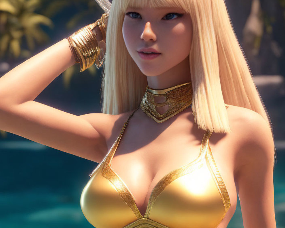 Platinum blonde female character in gold bikini against tropical backdrop