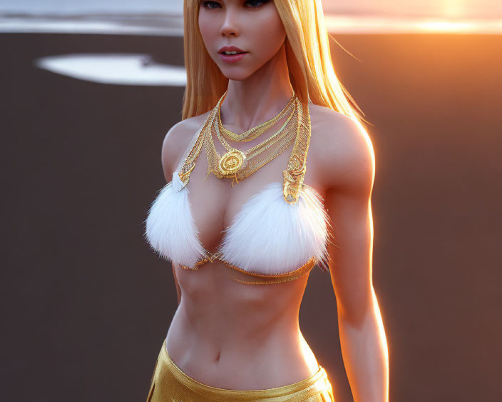 Blonde Female 3D Character in Tribal Outfit on Beach Sunset