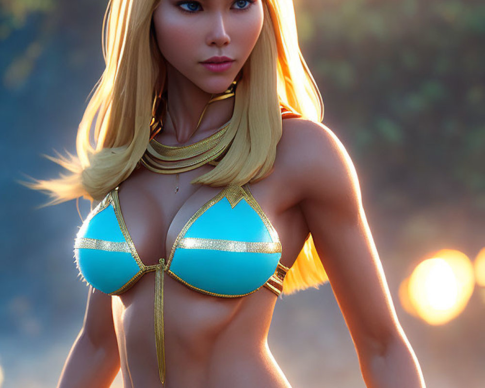 Blonde Female Character in Gold and Blue Bikini Top Artwork