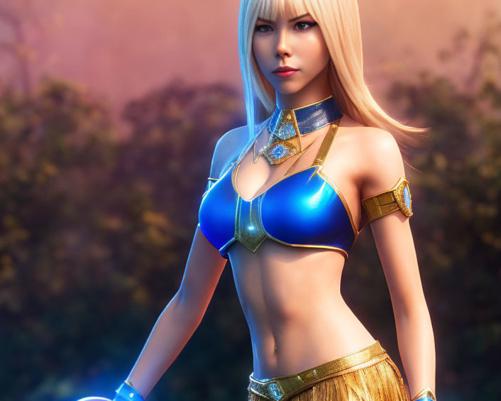 Blond-Haired Female Character in Blue Armor with Glowing Shield