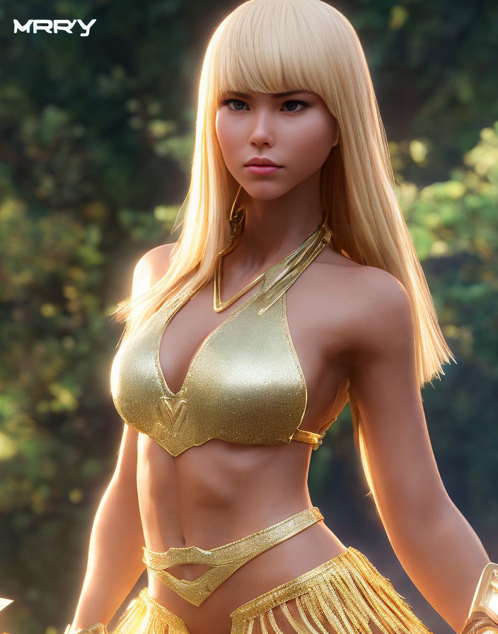 Blonde woman in gold halter top digital artwork