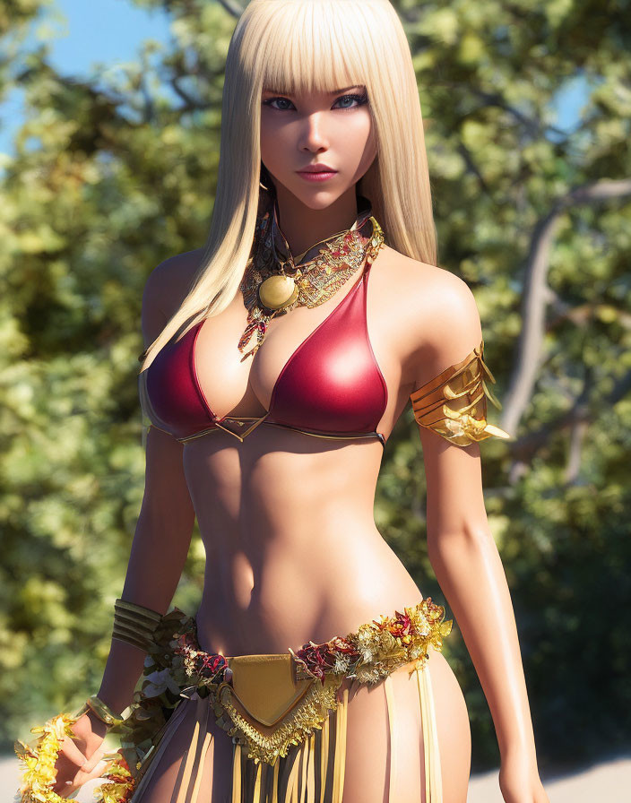 Blonde female figure in red fantasy bikini armor - 3D rendering