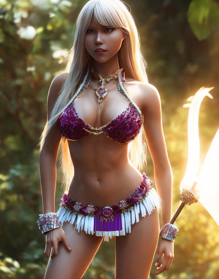 Fantasy character in purple bikini armor with sword in sunlit forest