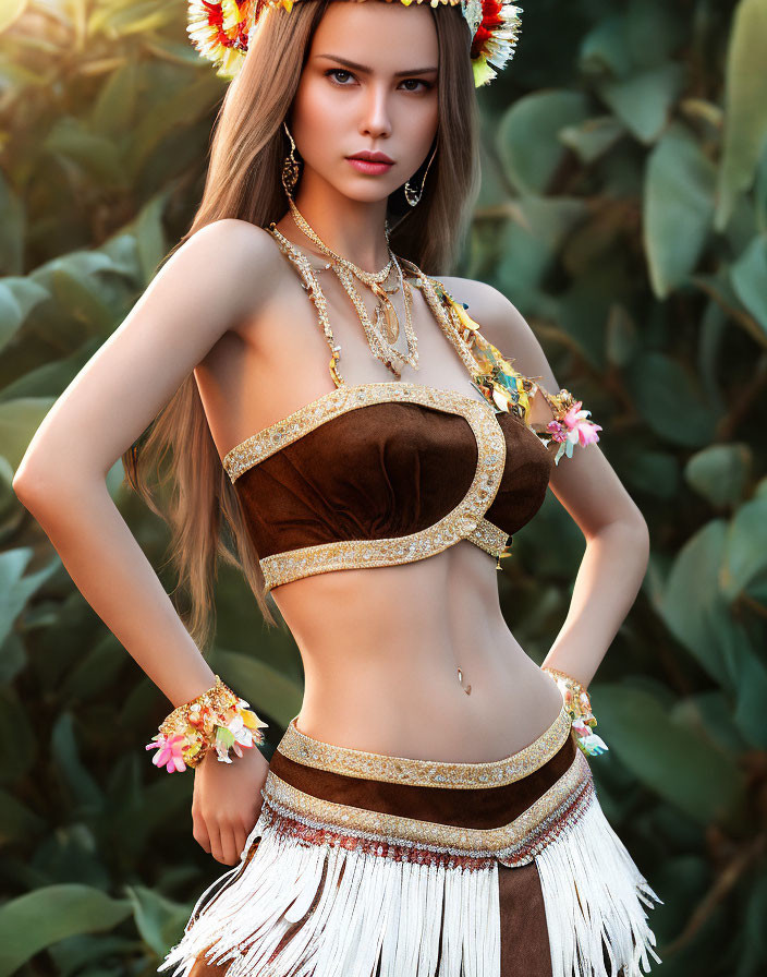 Woman in Floral Headpiece and Tribal Attire Among Green Foliage