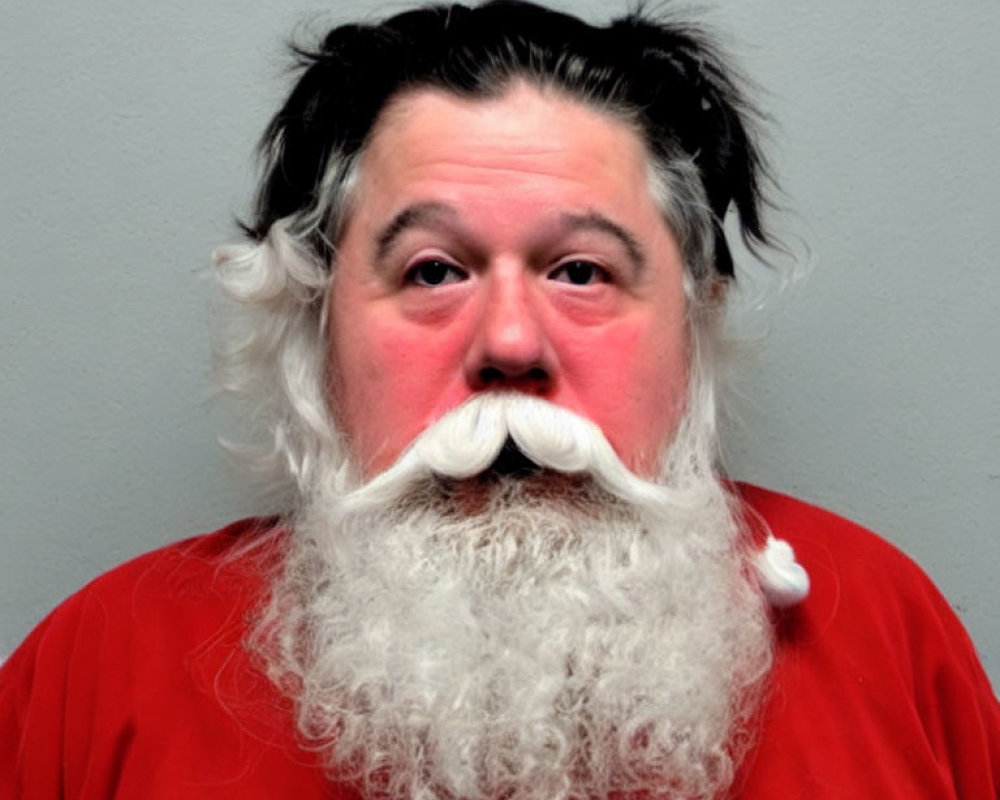 White-bearded man in red shirt against grey background