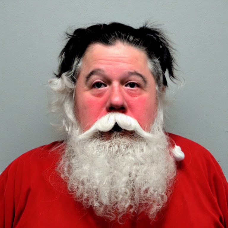 White-bearded man in red shirt against grey background