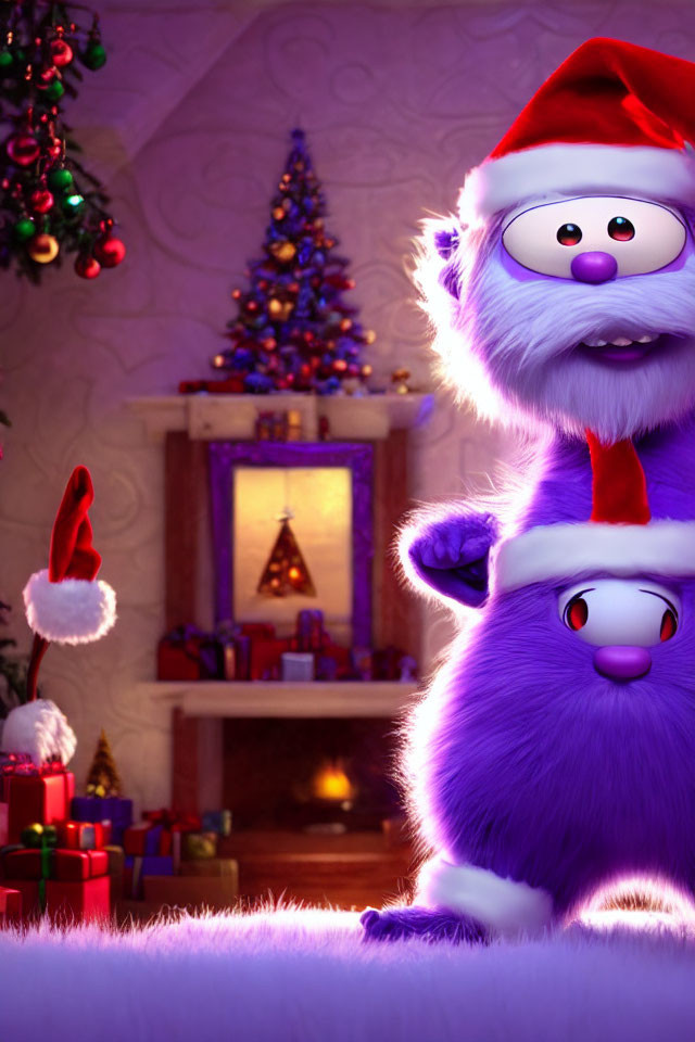 Purple creature in Santa hat in cozy Christmas room