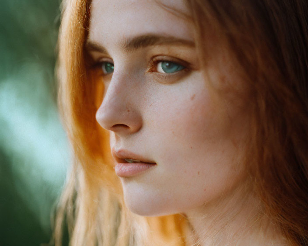 Close-up Portrait of Woman with Auburn Hair and Blue Eyes in Soft Sunlight