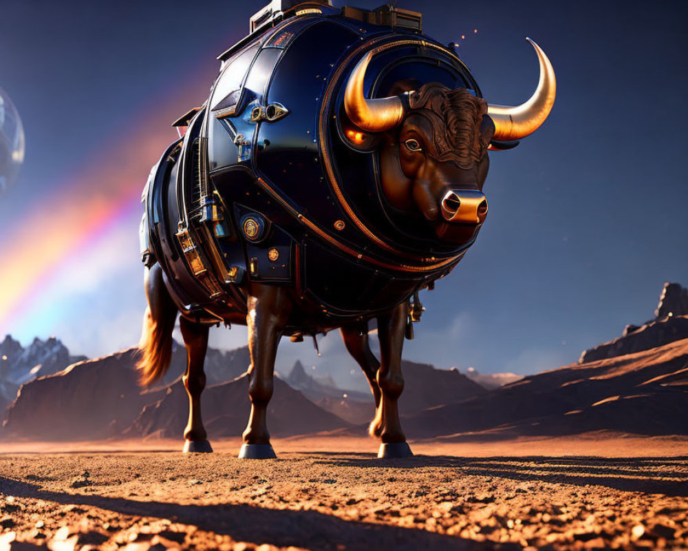 Intricately designed mechanical bull in barren landscape with mountains and rainbow anomaly