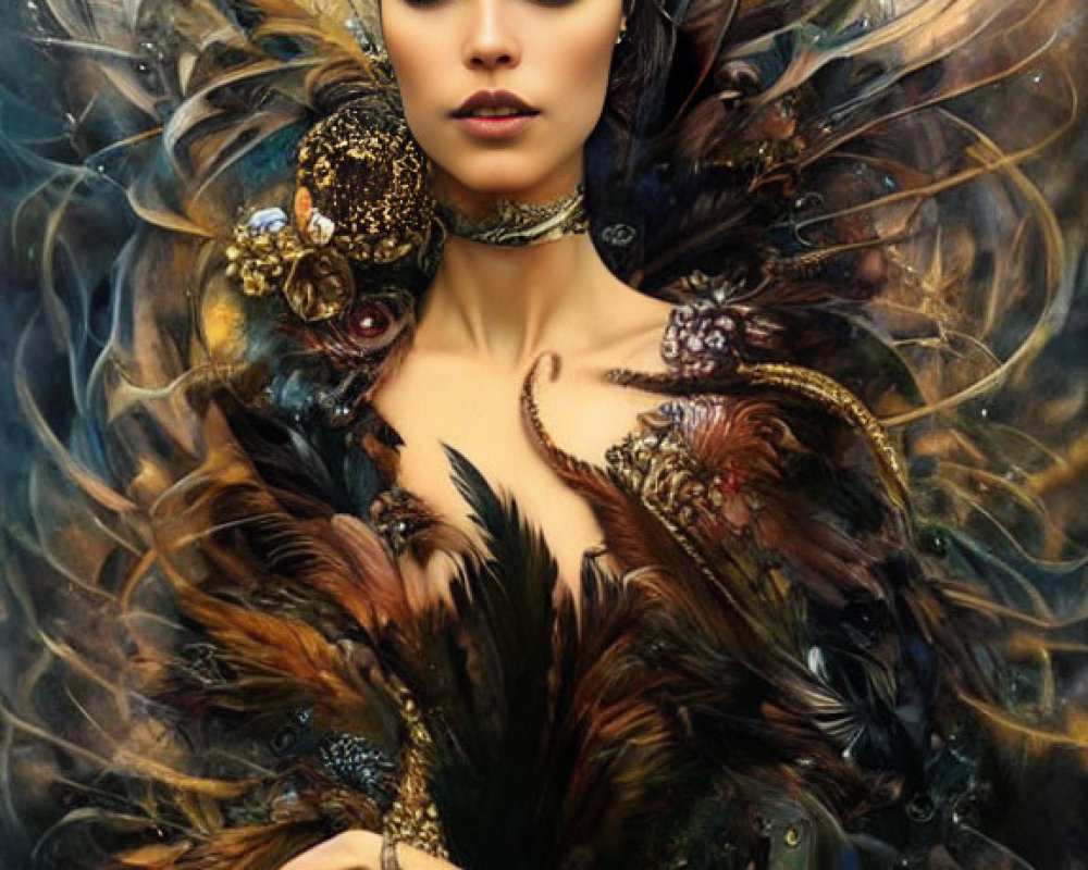 Fantasy illustration: Woman with golden head jewelry and feathered accents