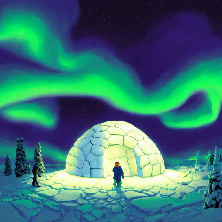 Person standing by igloo under aurora borealis in snowy night landscape