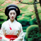 Traditional Japanese geisha in white kimono with red obi and elaborate hairstyle in garden.