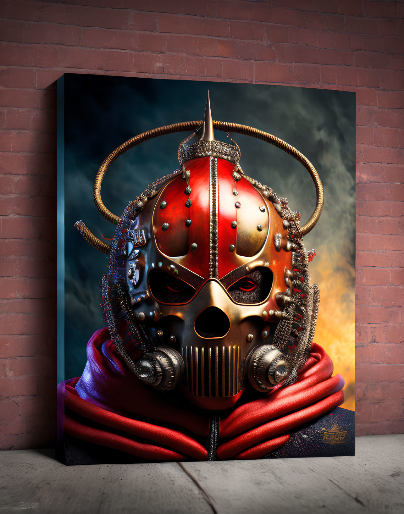 Steampunk-style helmet on canvas print with red cloak and brick wall backdrop