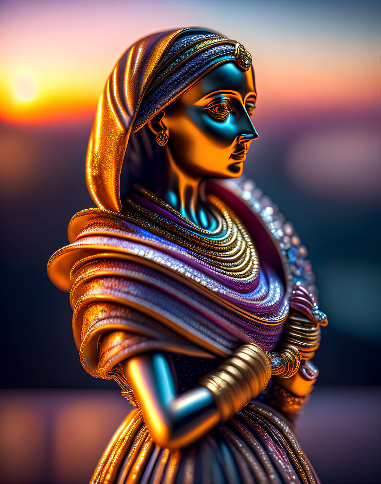 Digital artwork: Woman with metallic skin in traditional attire against sunset background