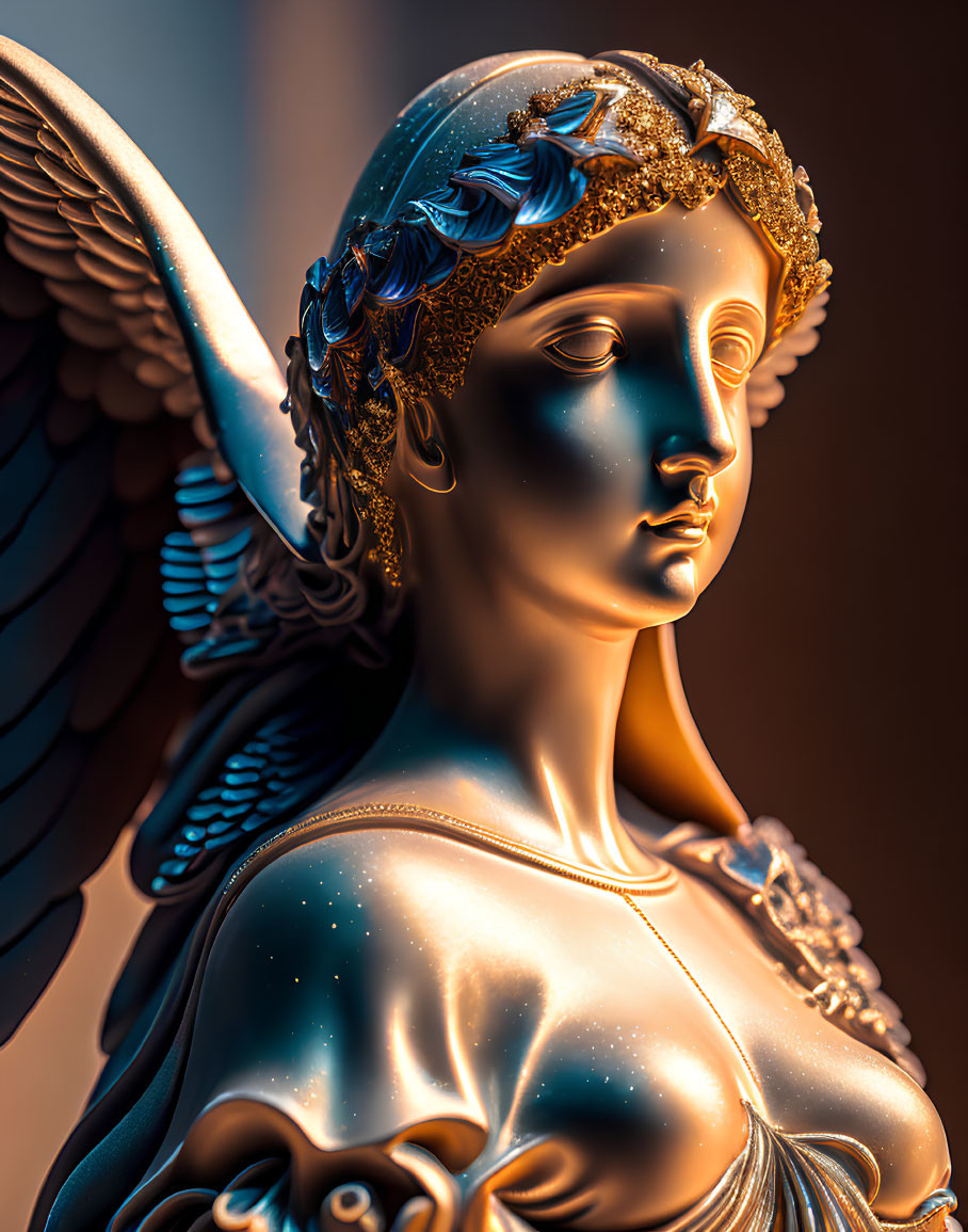 Classical-style statue of angel with golden laurels and feathered wings