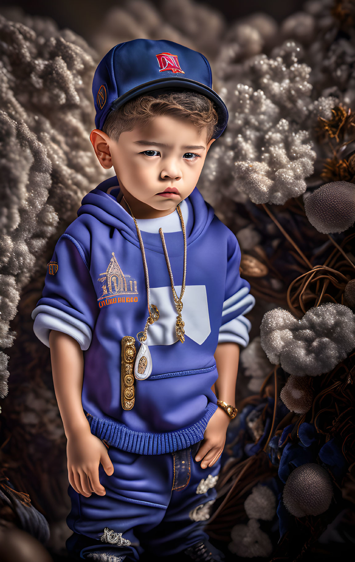 Child in Stylish Blue Outfit Among Cotton Plants