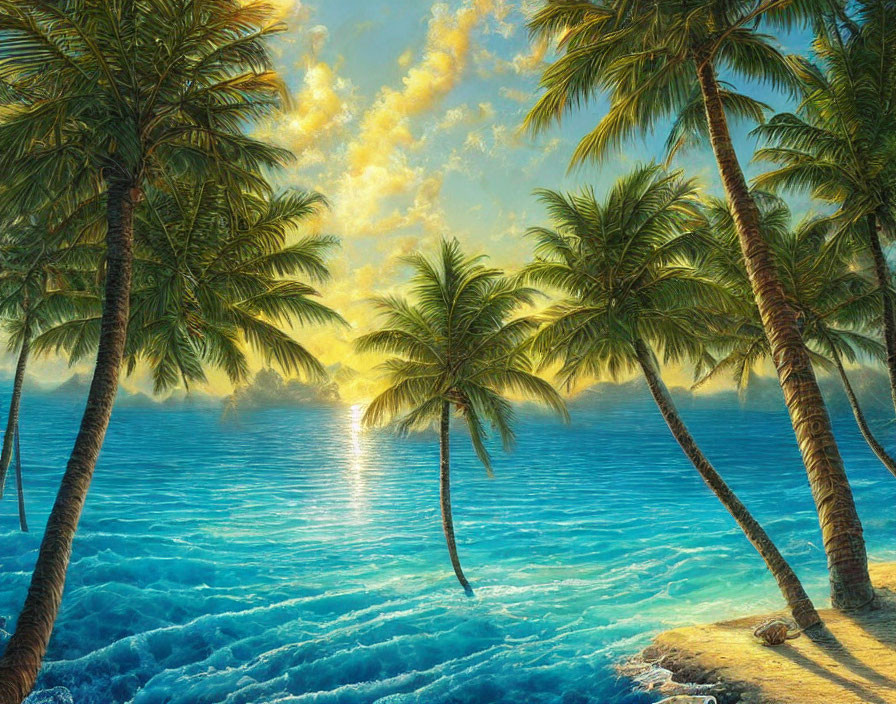 Scenic tropical beach with palm trees by the serene ocean at sunrise