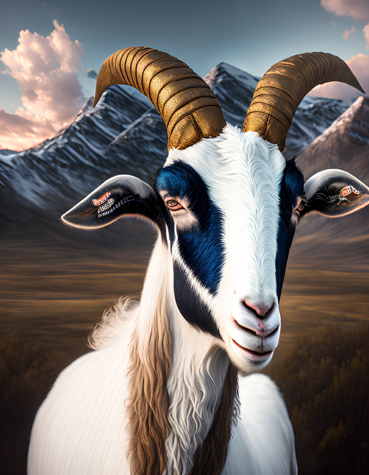 Majestic goat with golden horns in mountain backdrop