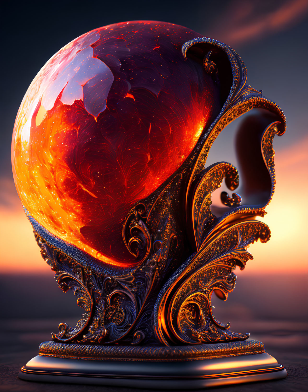 Intricate red and orange fractal sphere on pedestal at twilight