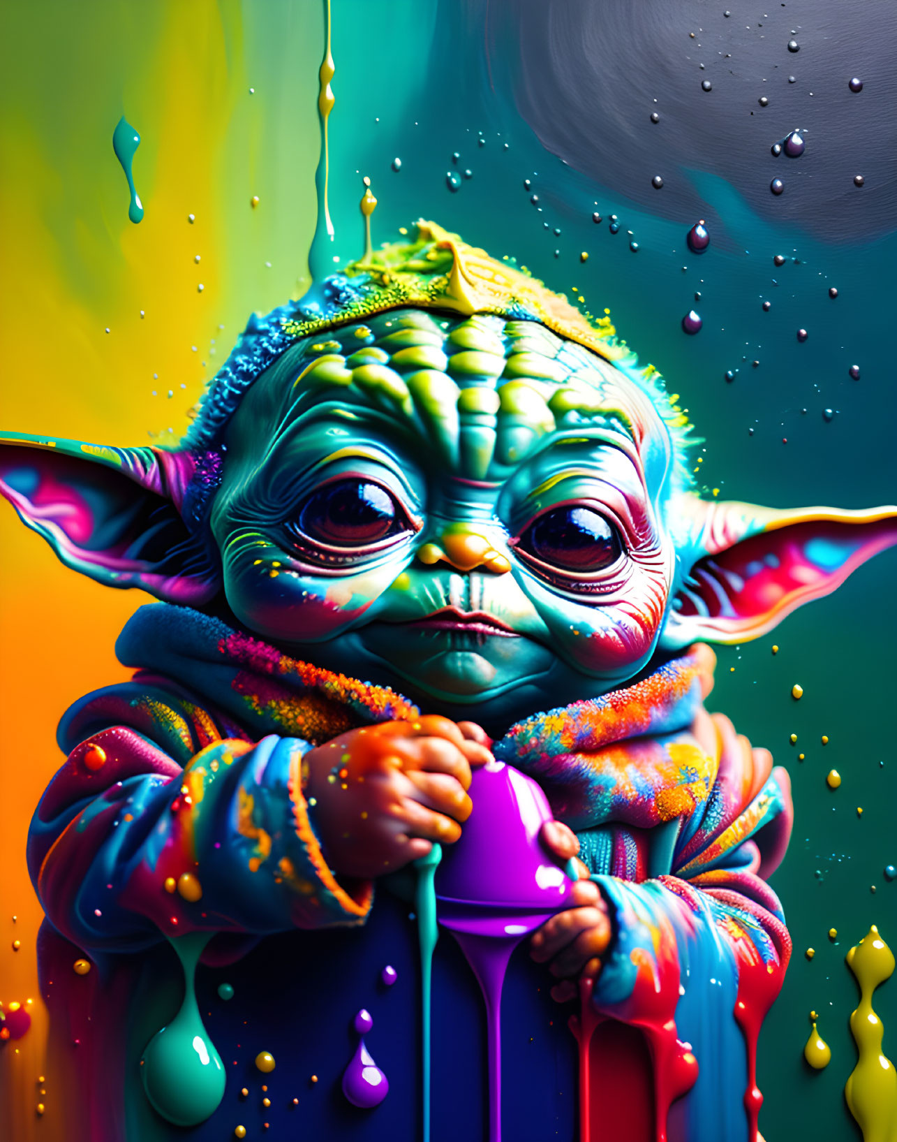 Colorful Young Alien Character in Rainbow Cloak on Vibrant Background