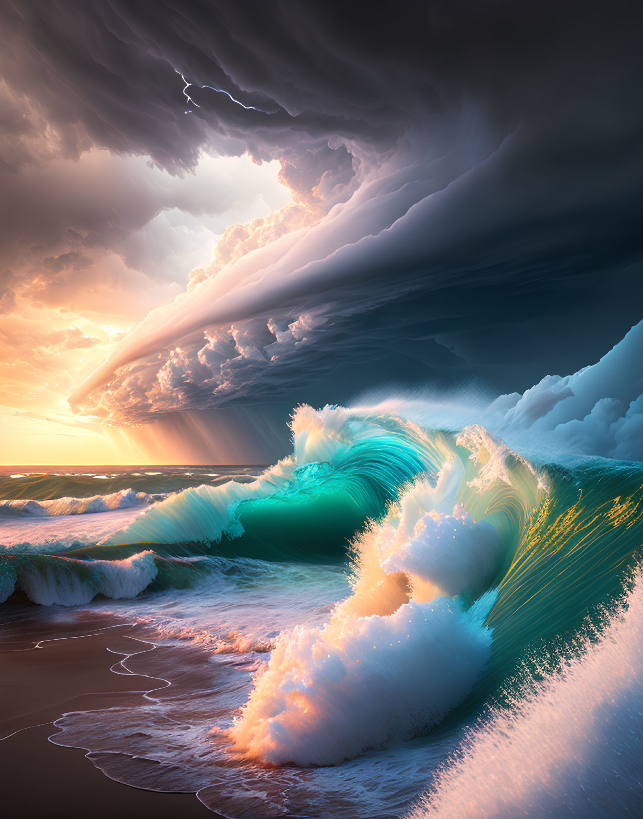 Dramatic Ocean Scene with Towering Waves and Cloud-Filled Sky