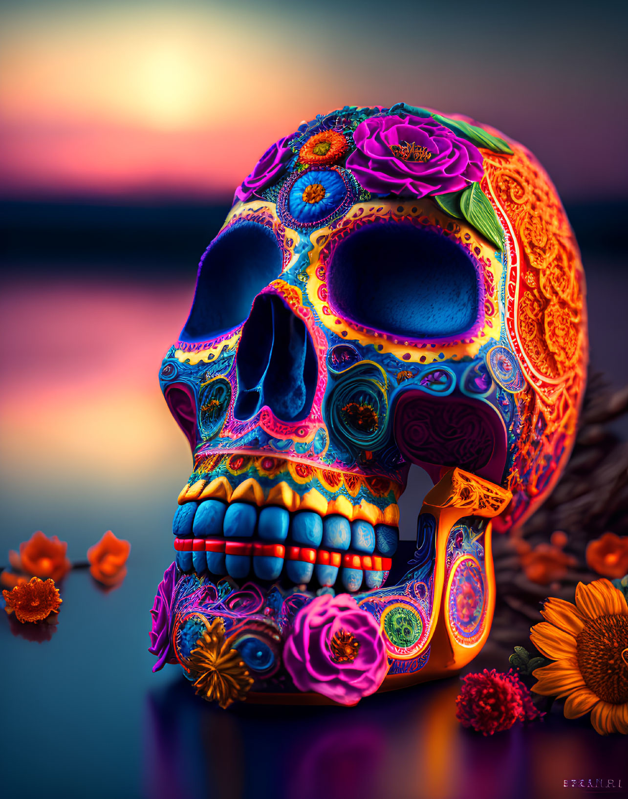 Decorated Skull with Floral Patterns at Sunset Over Water