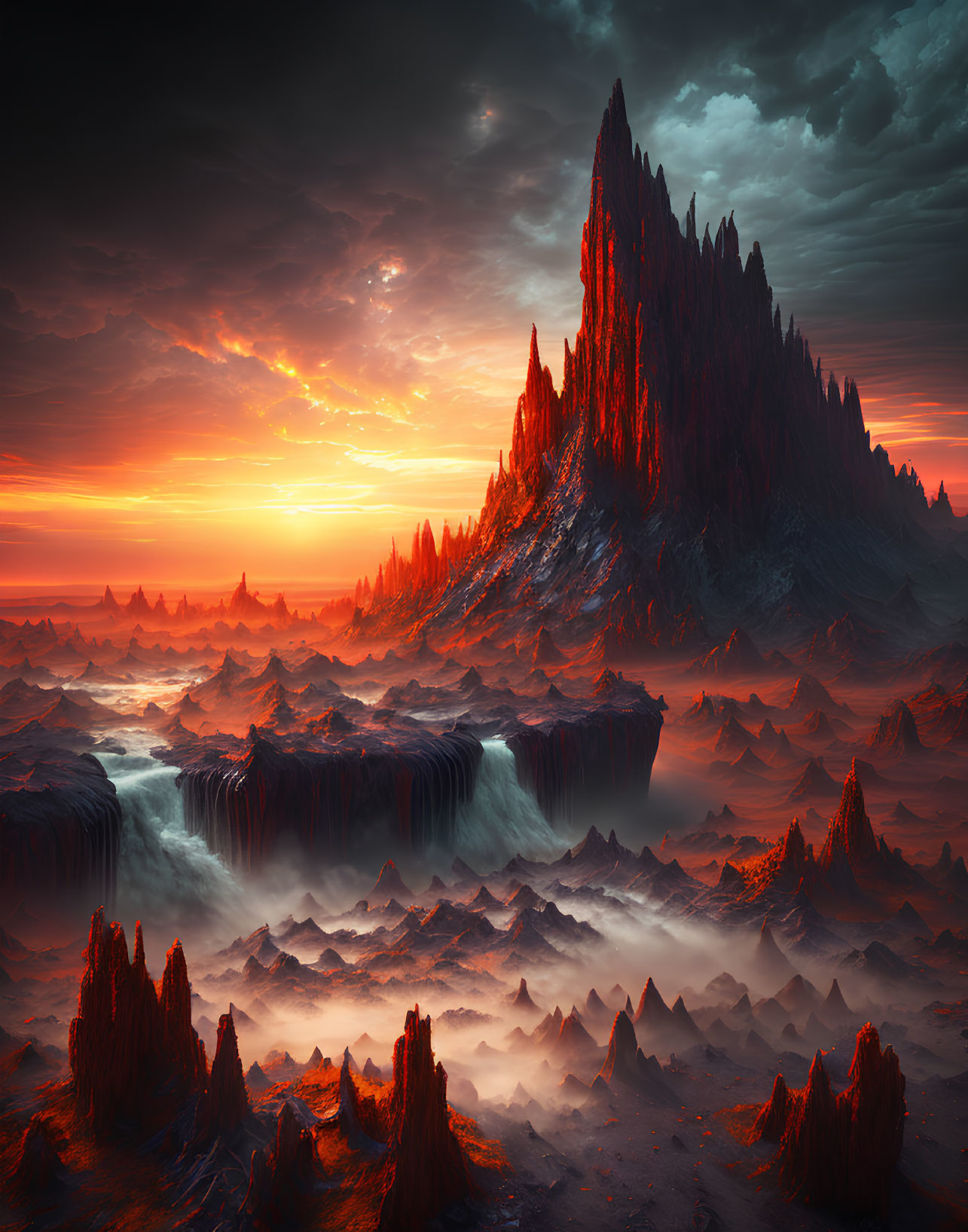 Dramatic Sunset Landscape with Rocky Spires and Waterfalls