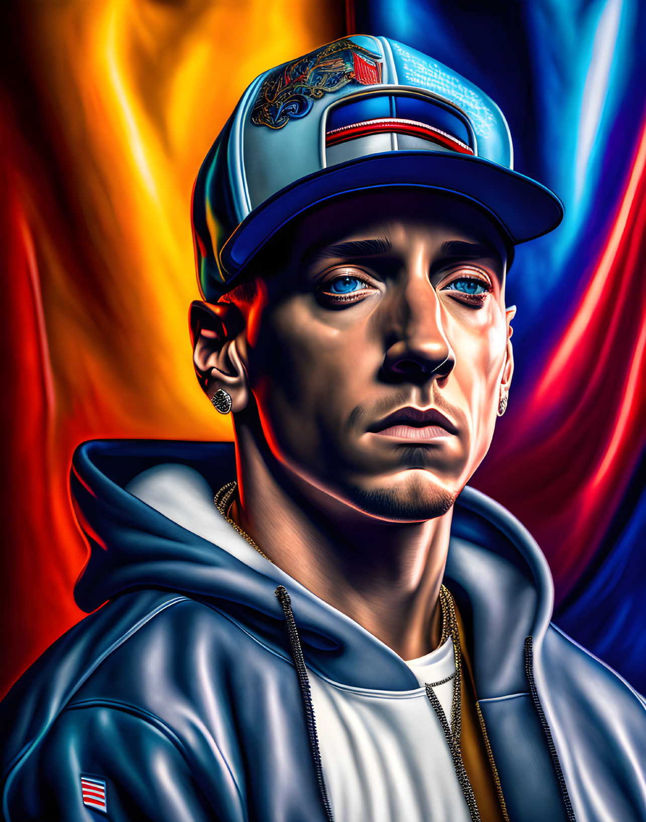 Stylized digital portrait of man with blue cap, earrings, and hoodie on fiery orange and cool