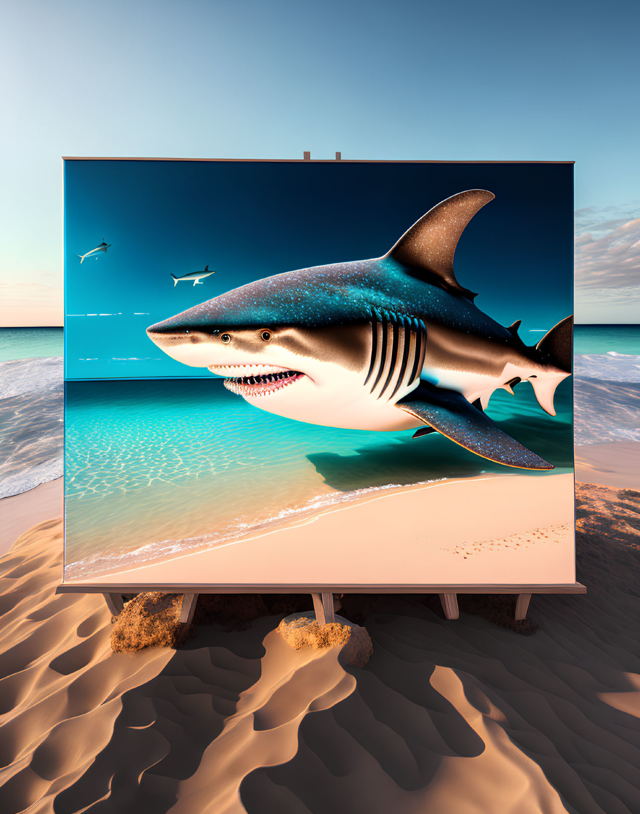 Surreal beach canvas with vivid shark painting and ocean backdrop