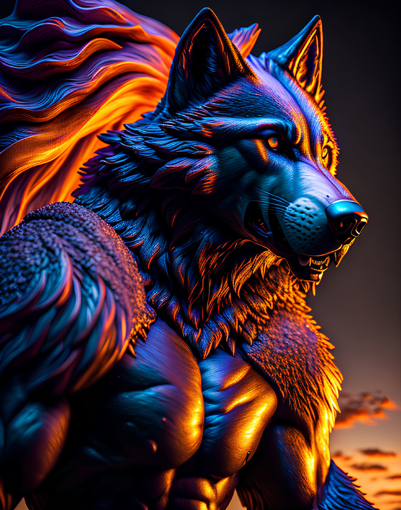 Colorful Anthropomorphic Wolf Character Against Sunset Sky with Fiery Mane