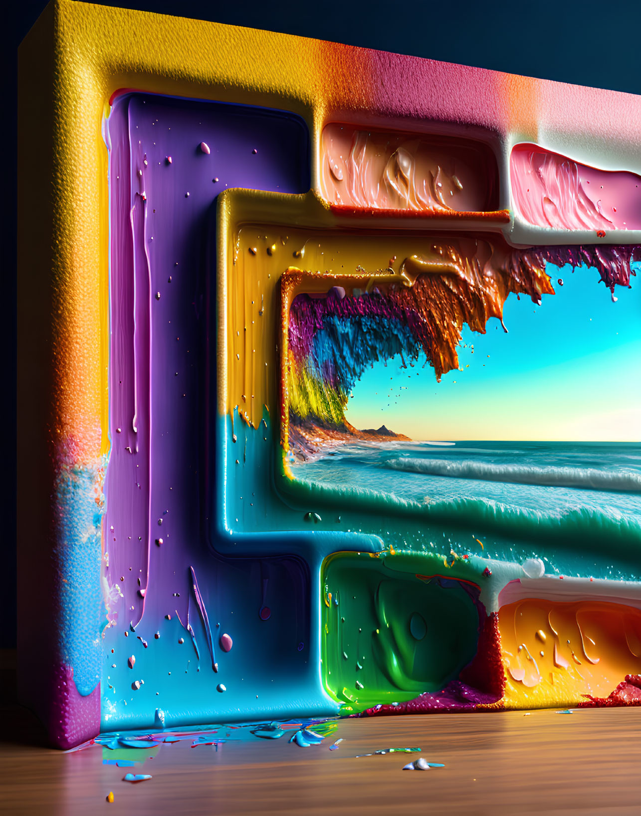 Colorful 3D structure melting into rainbow liquid on hardwood floor with beach scene visible through cavities