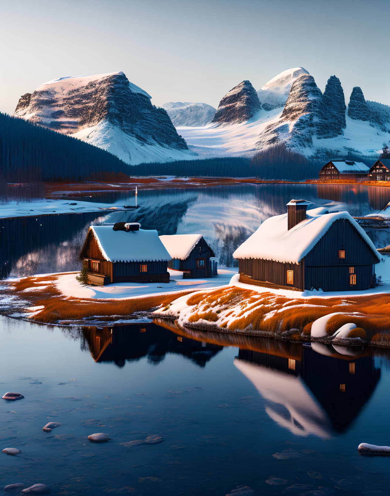 Scenic snow-covered cabins by a tranquil lake at sunrise or sunset