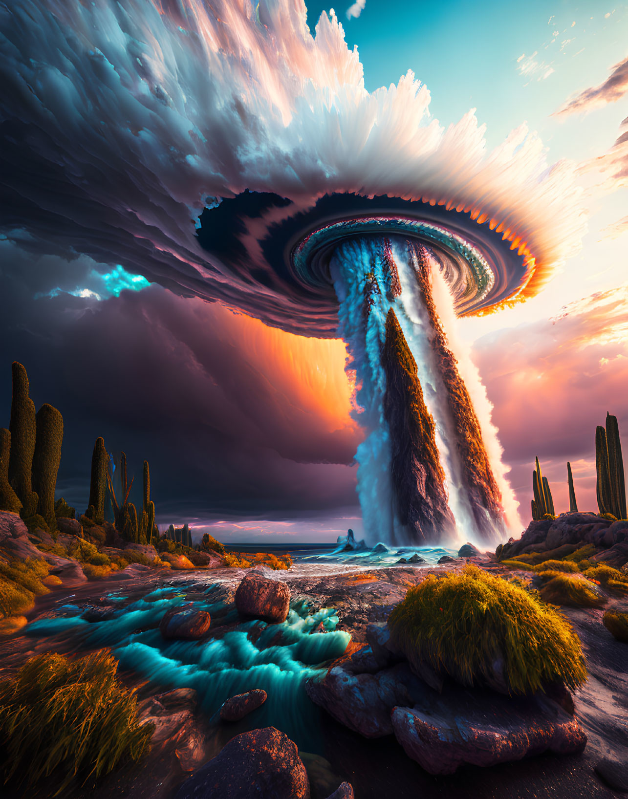 Colorful surreal landscape with waterfall and swirling cloud above cacti terrain