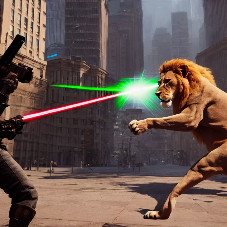 Fierce lion with green laser eyes vs. person with red lightsaber in urban battle