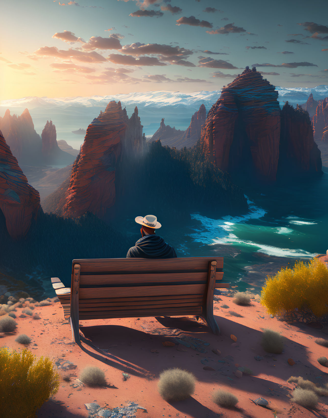 Person in hat gazes at majestic canyon view from bench