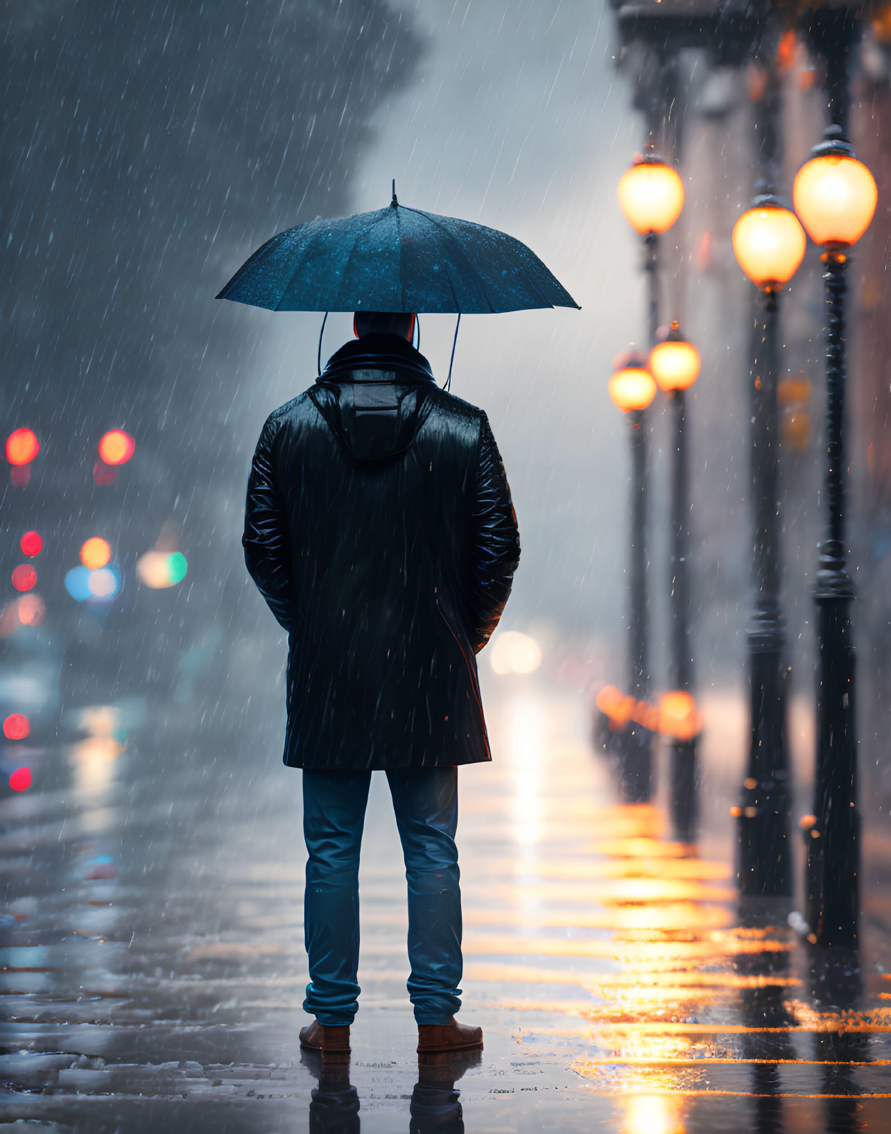 Night city street scene with person holding umbrella in rain