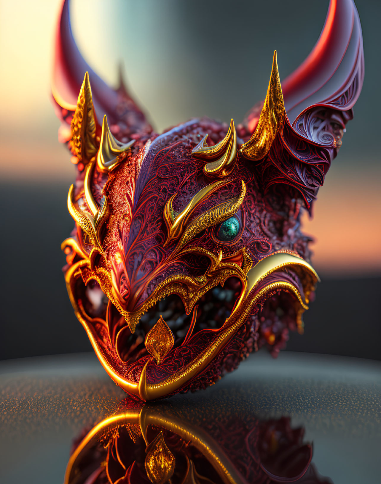 Intricate Red and Gold Dragon Mask with Horns and Green Eye