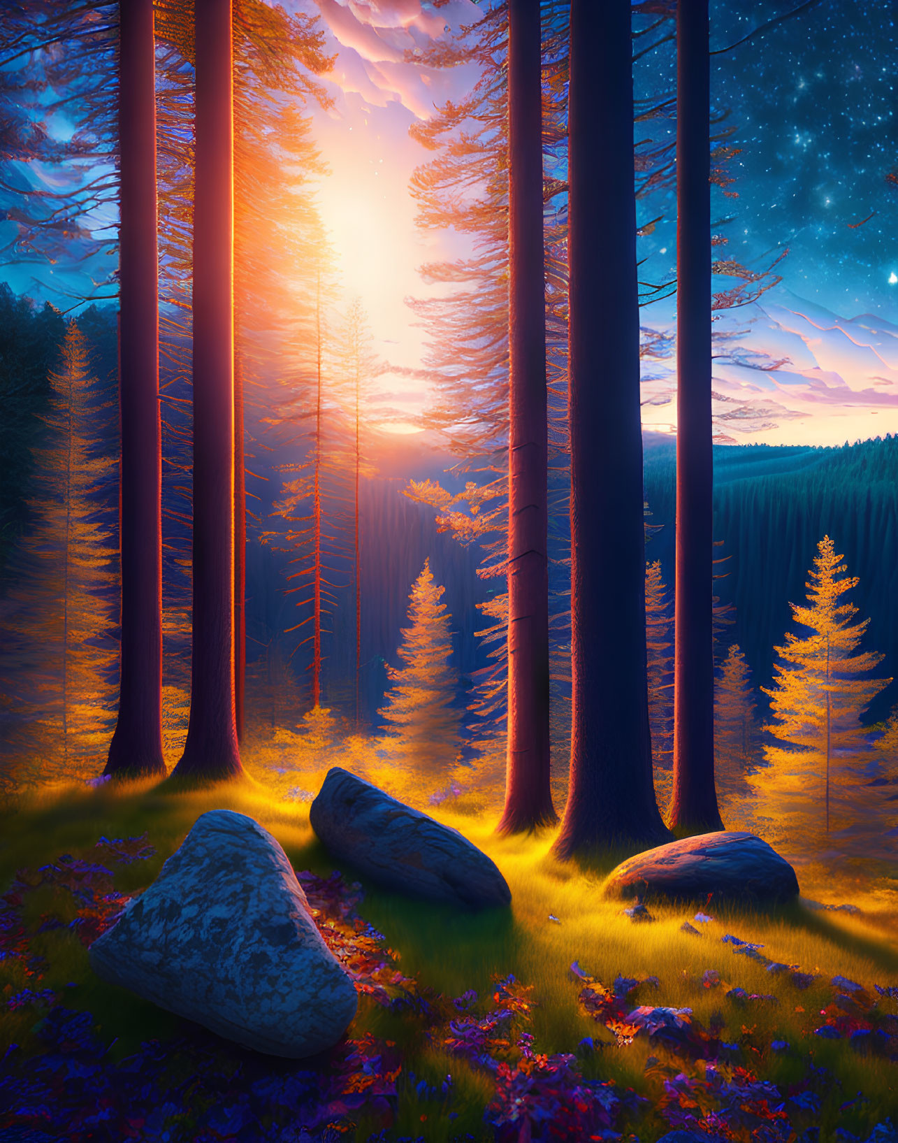 Lush forest scene transitions from sunset to starry night