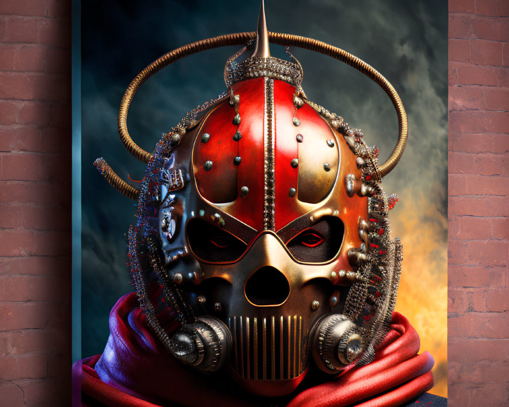 Steampunk-style helmet on canvas print with red cloak and brick wall backdrop