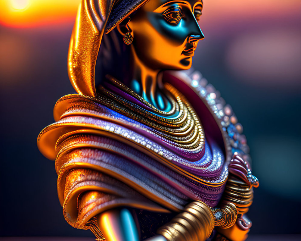 Digital artwork: Woman with metallic skin in traditional attire against sunset background