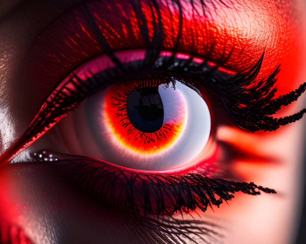 Detailed Close-Up of Eye with Red Eyeshadow and Mascara