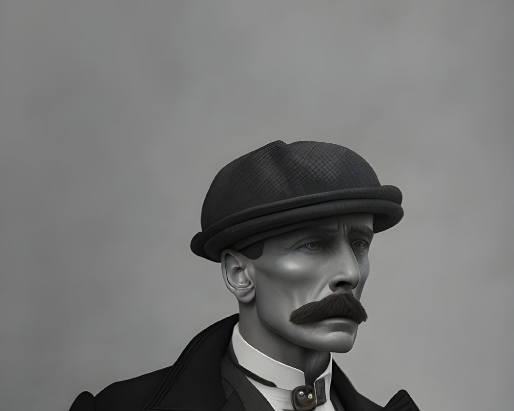 Vintage-style monochrome portrait of a stern man with a mustache and vintage attire.