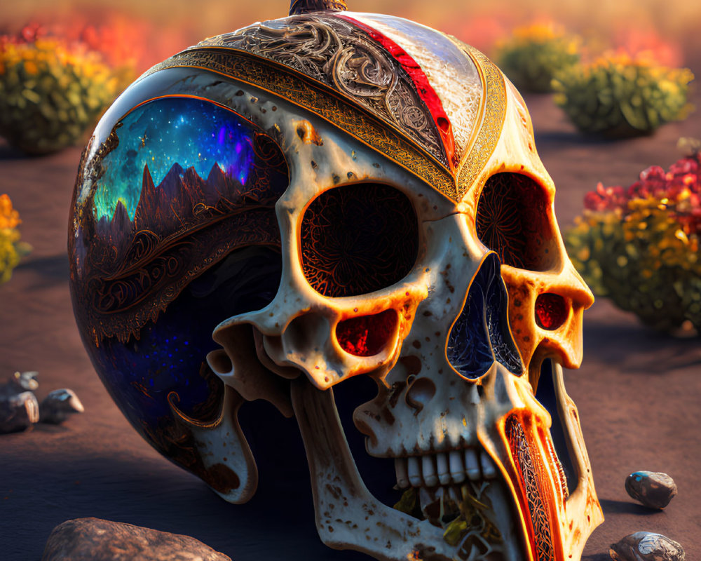 Ornate Skull with Horn in Mountain Sunset Landscape