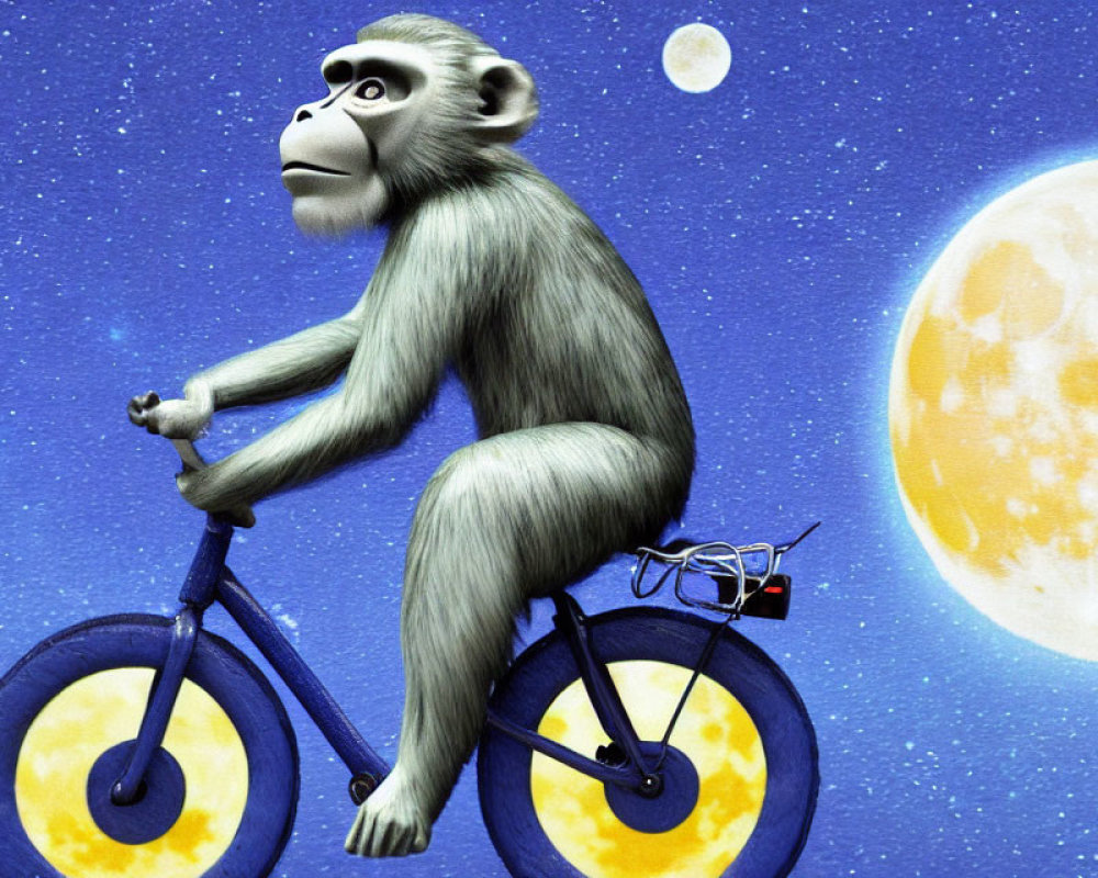 Monkey riding cheese-wheel bicycle in space with moons and stars