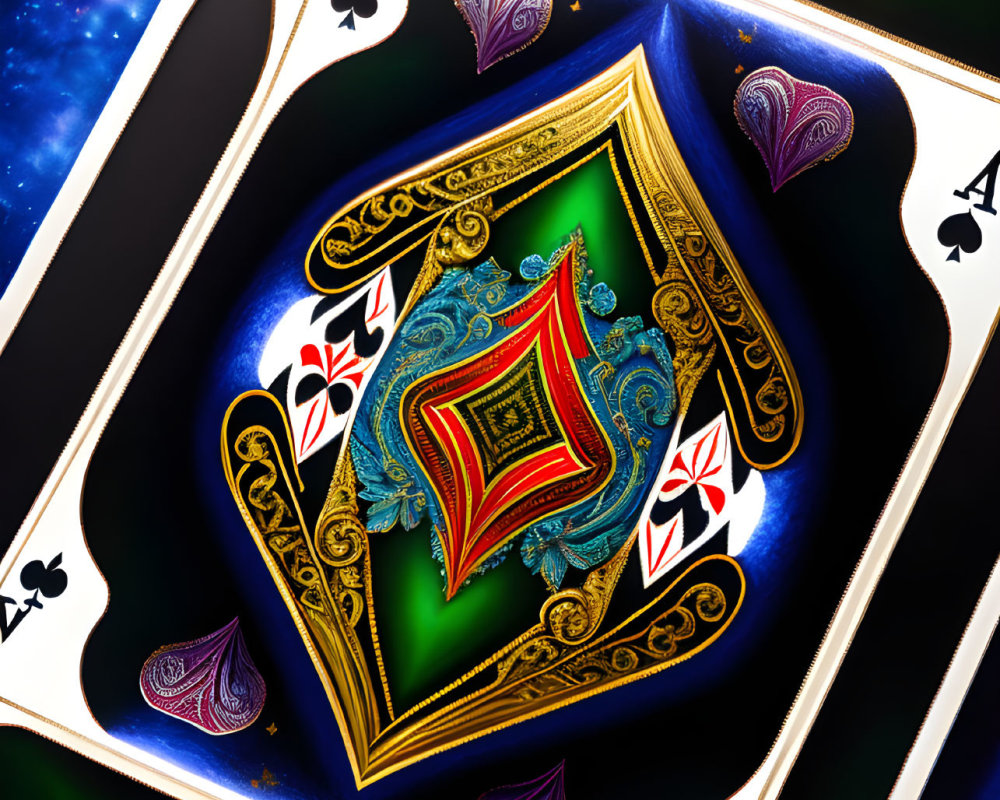 Colorful Ace of Spades Card with Ornate Designs on Space Background