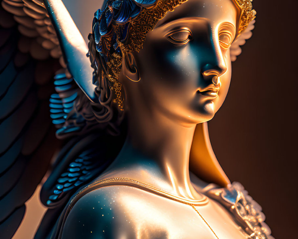 Classical-style statue of angel with golden laurels and feathered wings