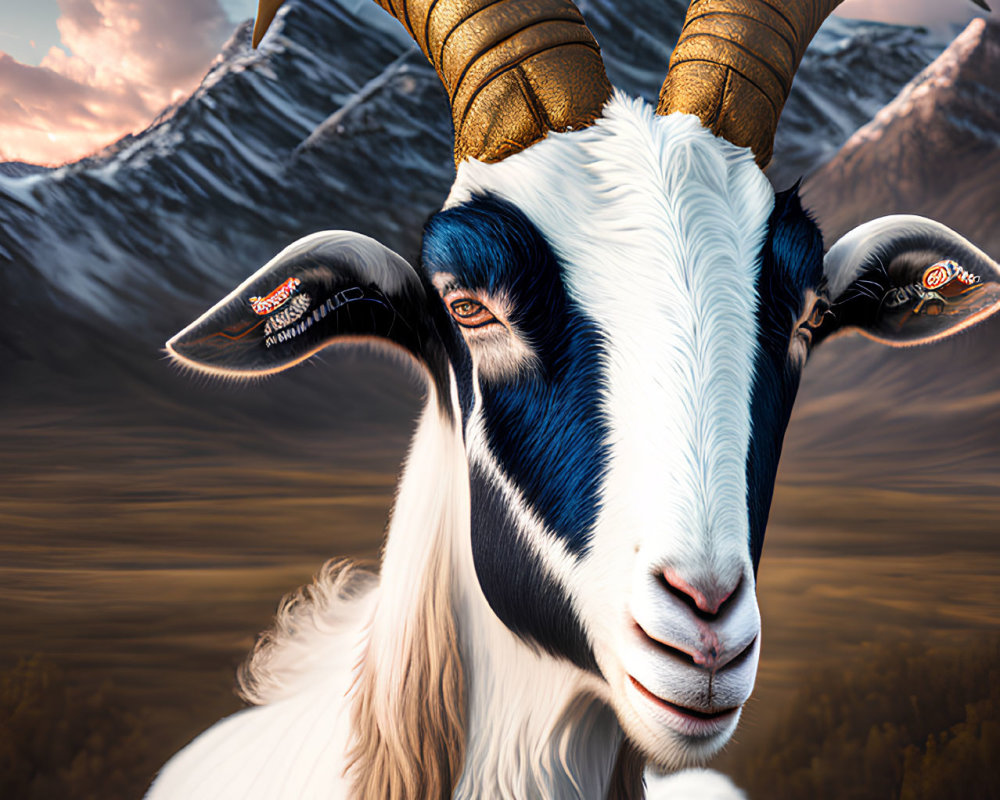 Majestic goat with golden horns in mountain backdrop